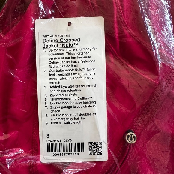 LULULEMON Define Cropped Jacket Nulu Calypso Pink Women's Size 8 NEW - Picture 5 of 7